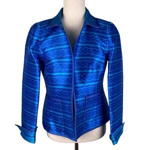 Nina Mclemore 100% Silk Blue Printed Jacket Blazer Size 2 Open Front Luxe Sheen